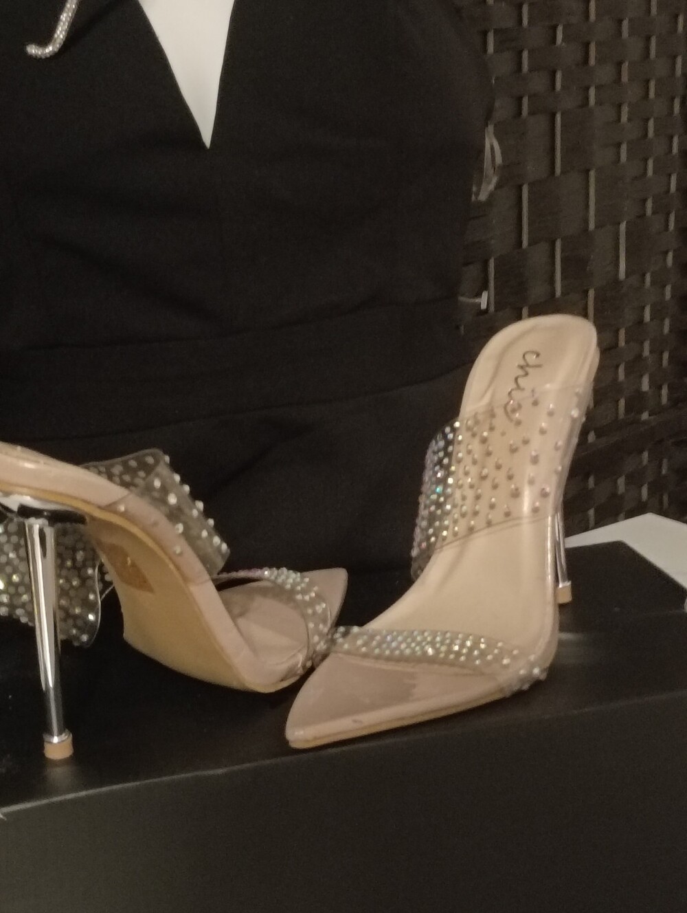 chic Nude Rhinestone Slide Heels - Picture 3 of 3